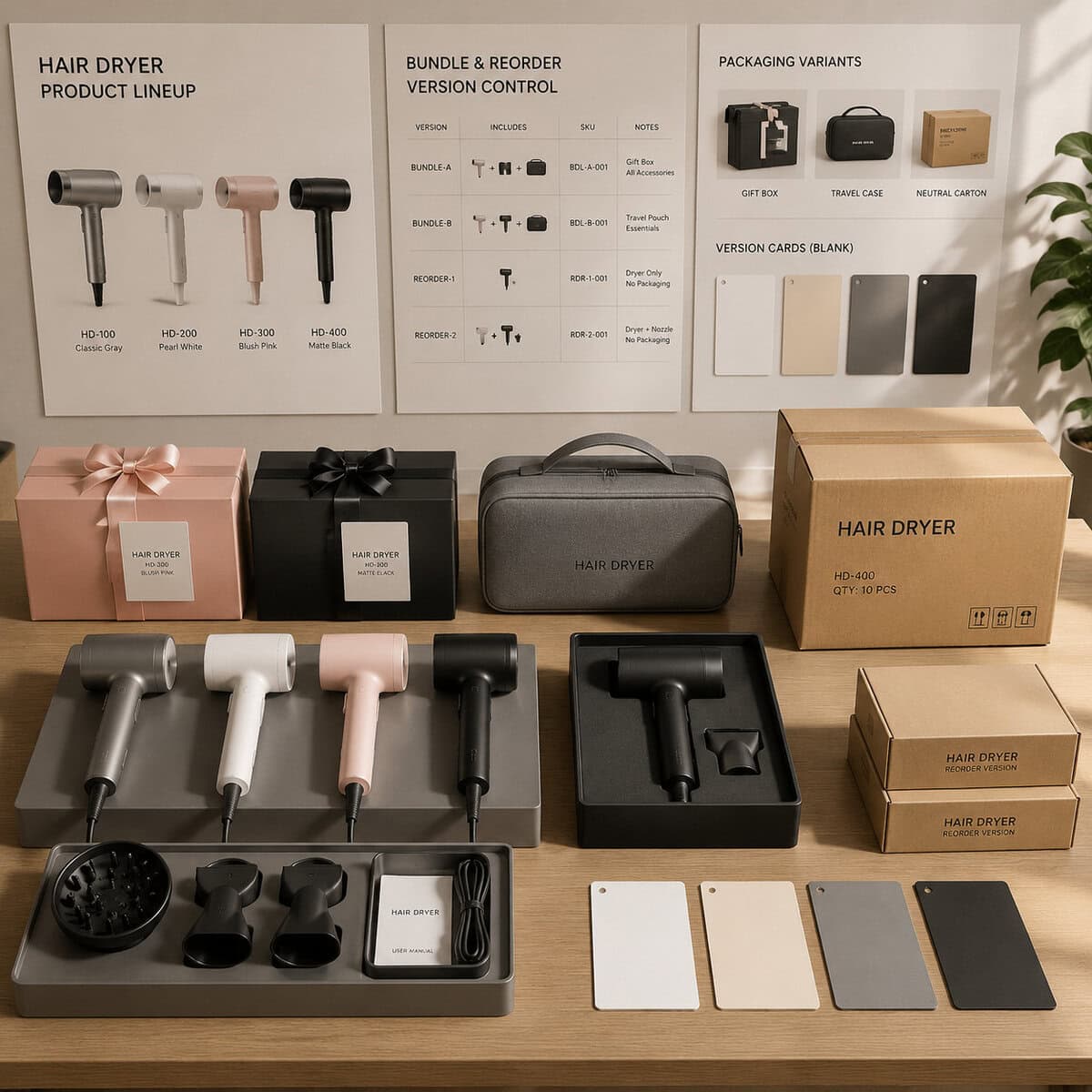 Hair dryer packaging versions and accessory layouts