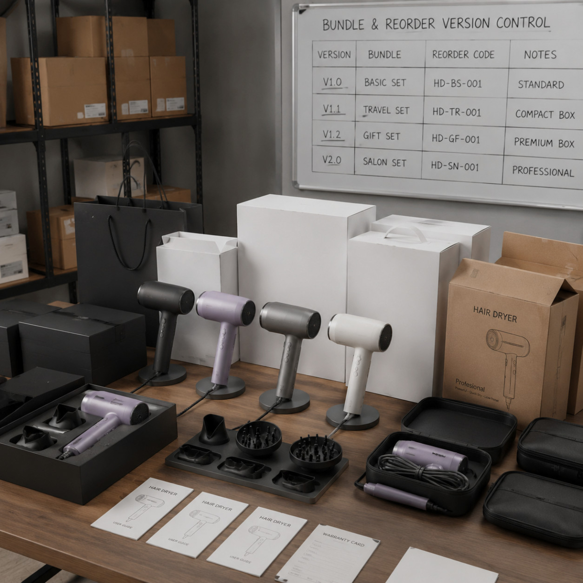 Hair dryer bundles and reorder versions in a warehouse