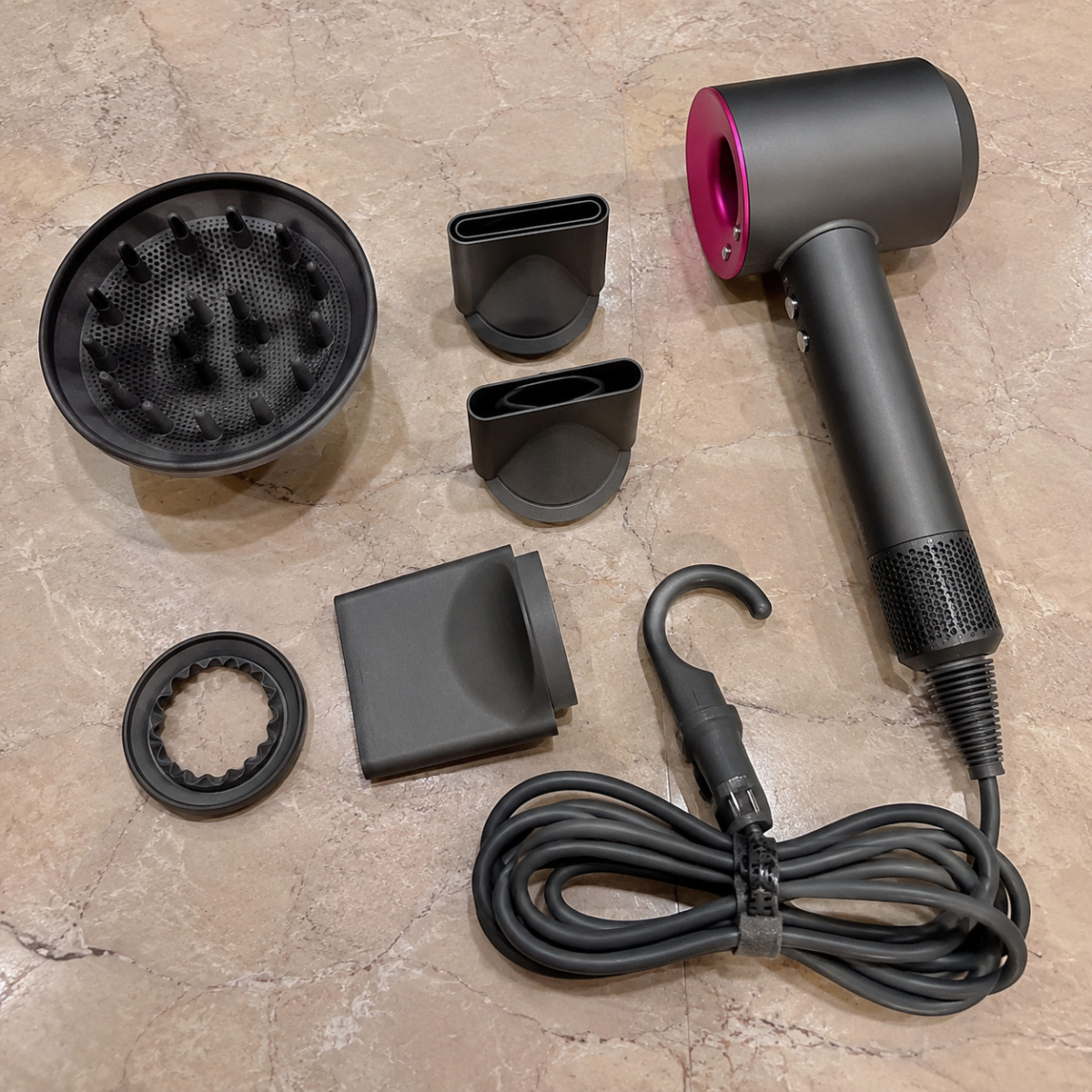 Hair dryer with diffuser, concentrator, comb, and styling accessories